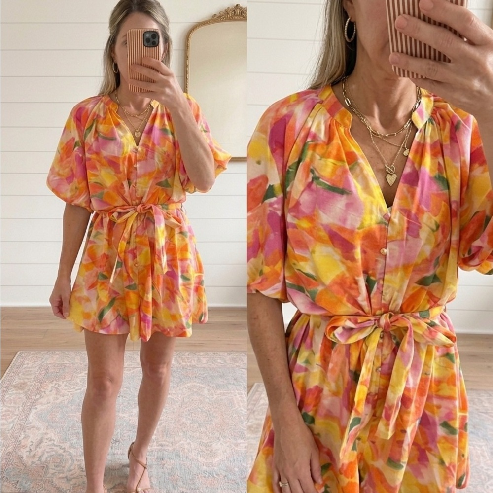 Women’s Watercolor Floral Tie-Waist Romper - Pink & Yellow